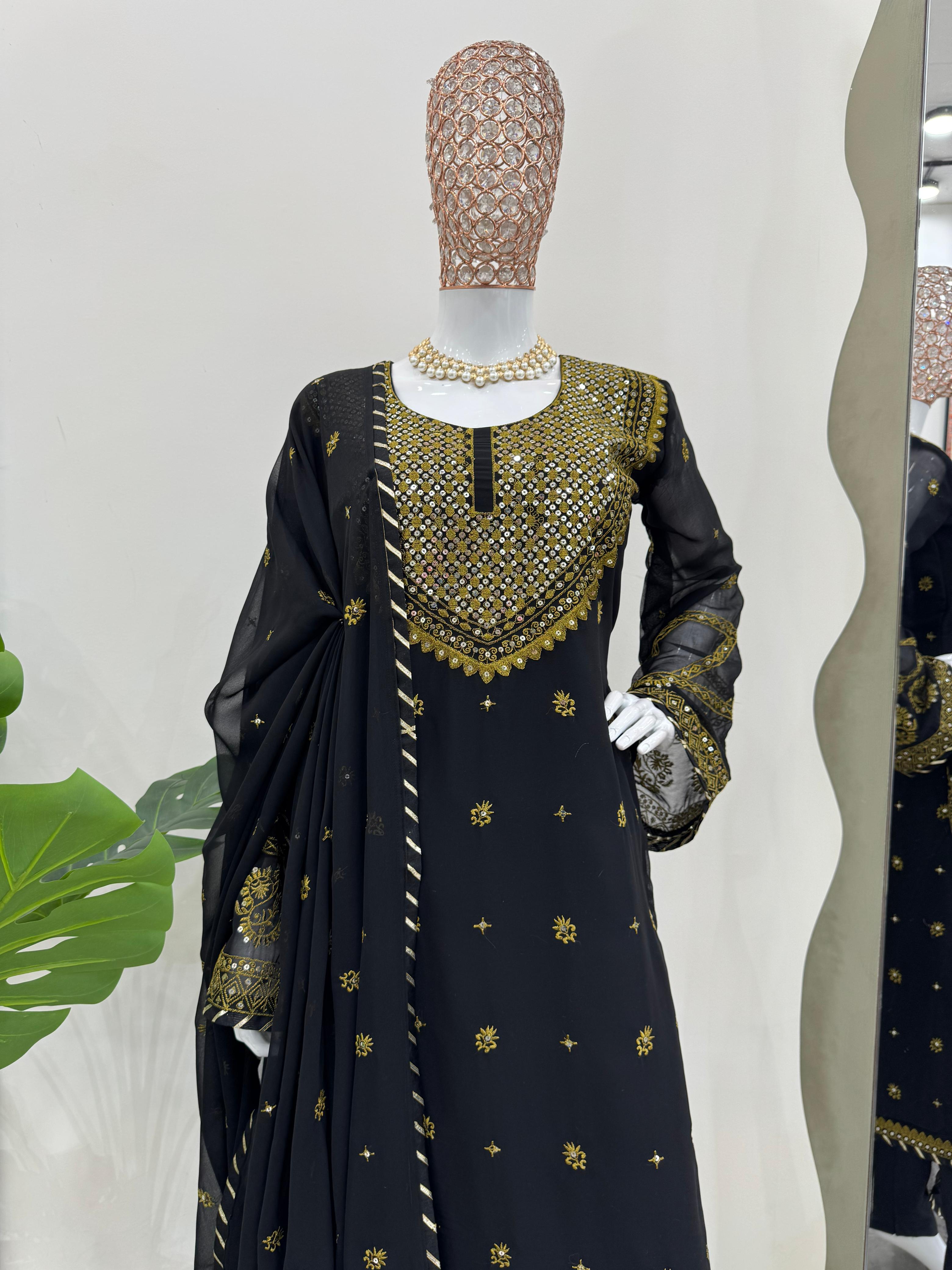 Stunning Black Color Faux Georgette And Thread With Sequence Work Beautiful Salwar Suit