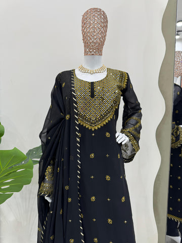 Stunning Black Color Faux Georgette And Thread With Sequence Work Beautiful Salwar Suit