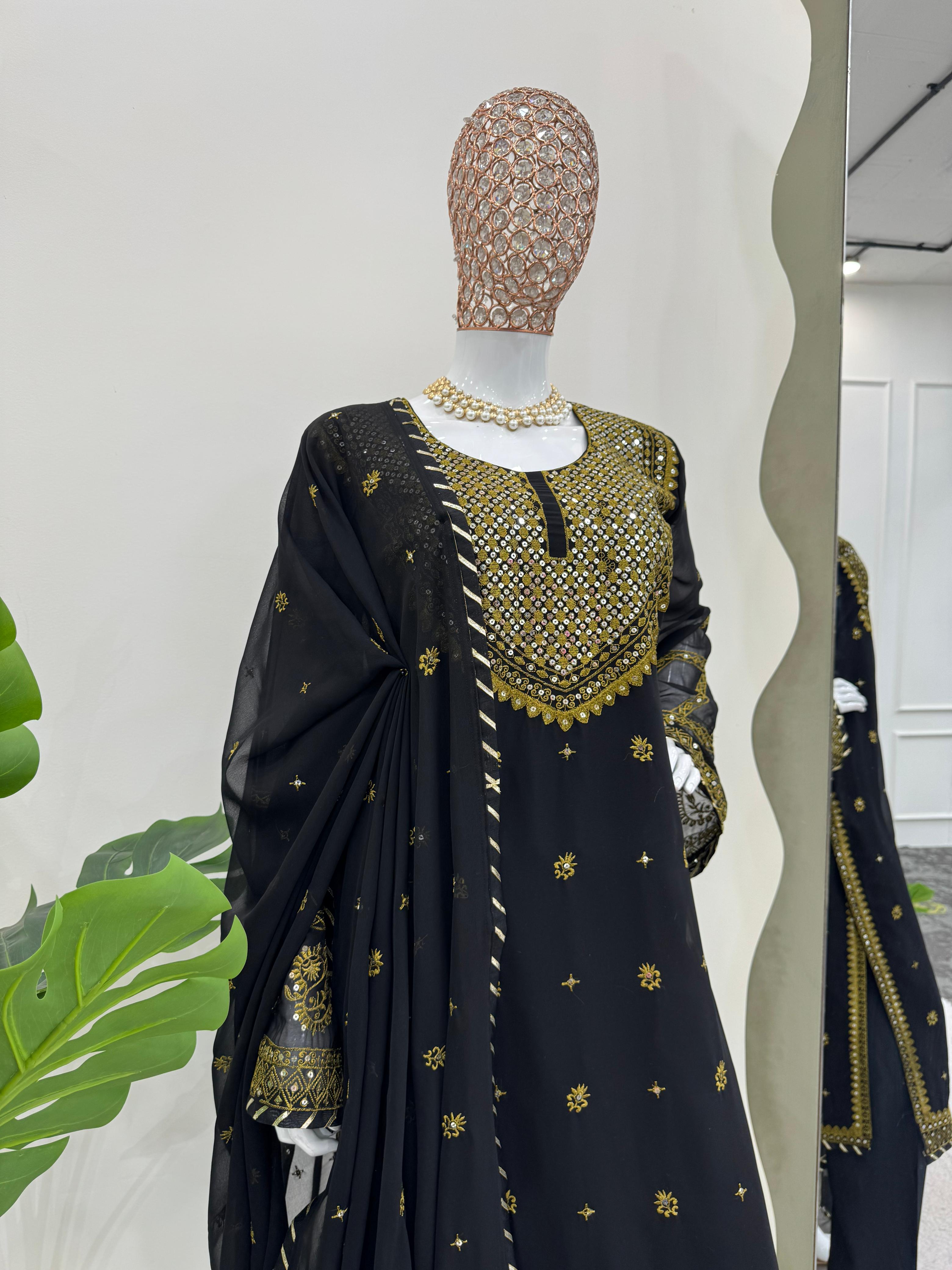 Stunning Black Color Faux Georgette And Thread With Sequence Work Beautiful Salwar Suit