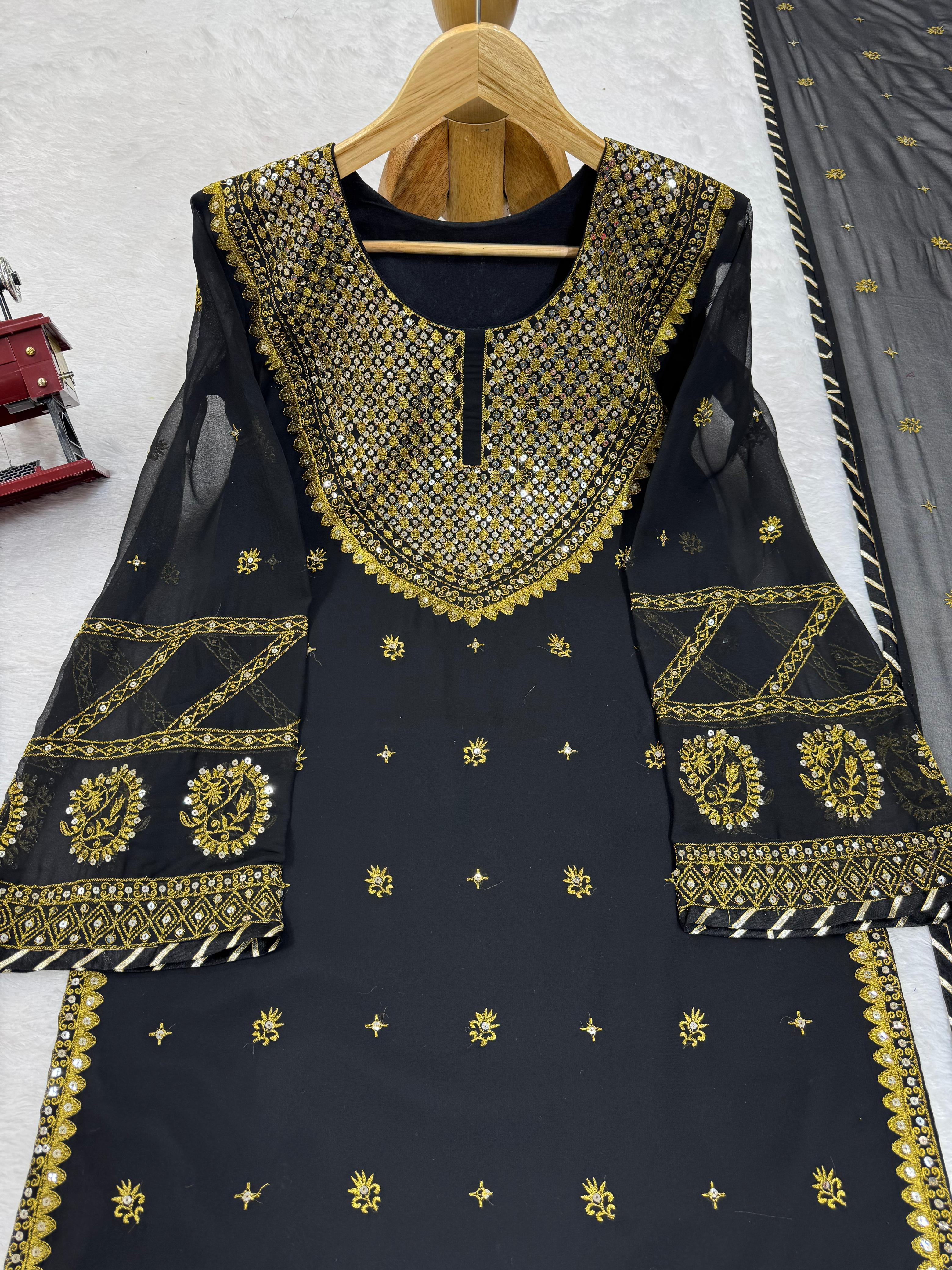 Stunning Black Color Faux Georgette And Thread With Sequence Work Beautiful Salwar Suit