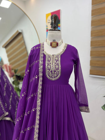 Presenting Purple Color Faux Georgette With  Embroidery Sequence Work Designer Gown