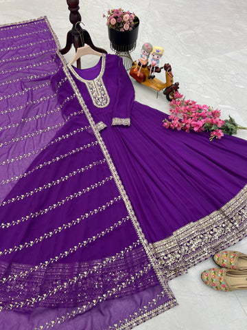 Presenting Purple Color Faux Georgette With  Embroidery Sequence Work Designer Gown