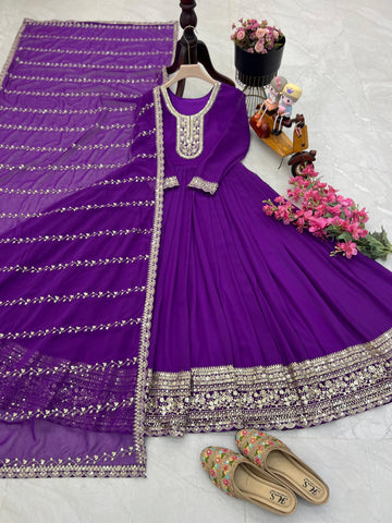 Presenting Purple Color Faux Georgette With  Embroidery Sequence Work Designer Gown