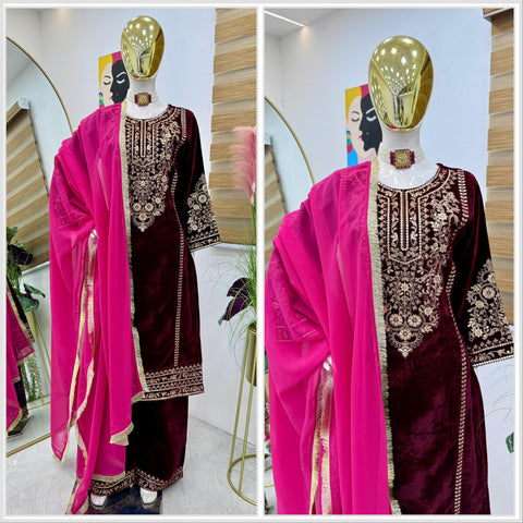 Ceremony Wear Dark Maroon Color Velvet With Coding Embroidery Work Designer Velvet Suit
