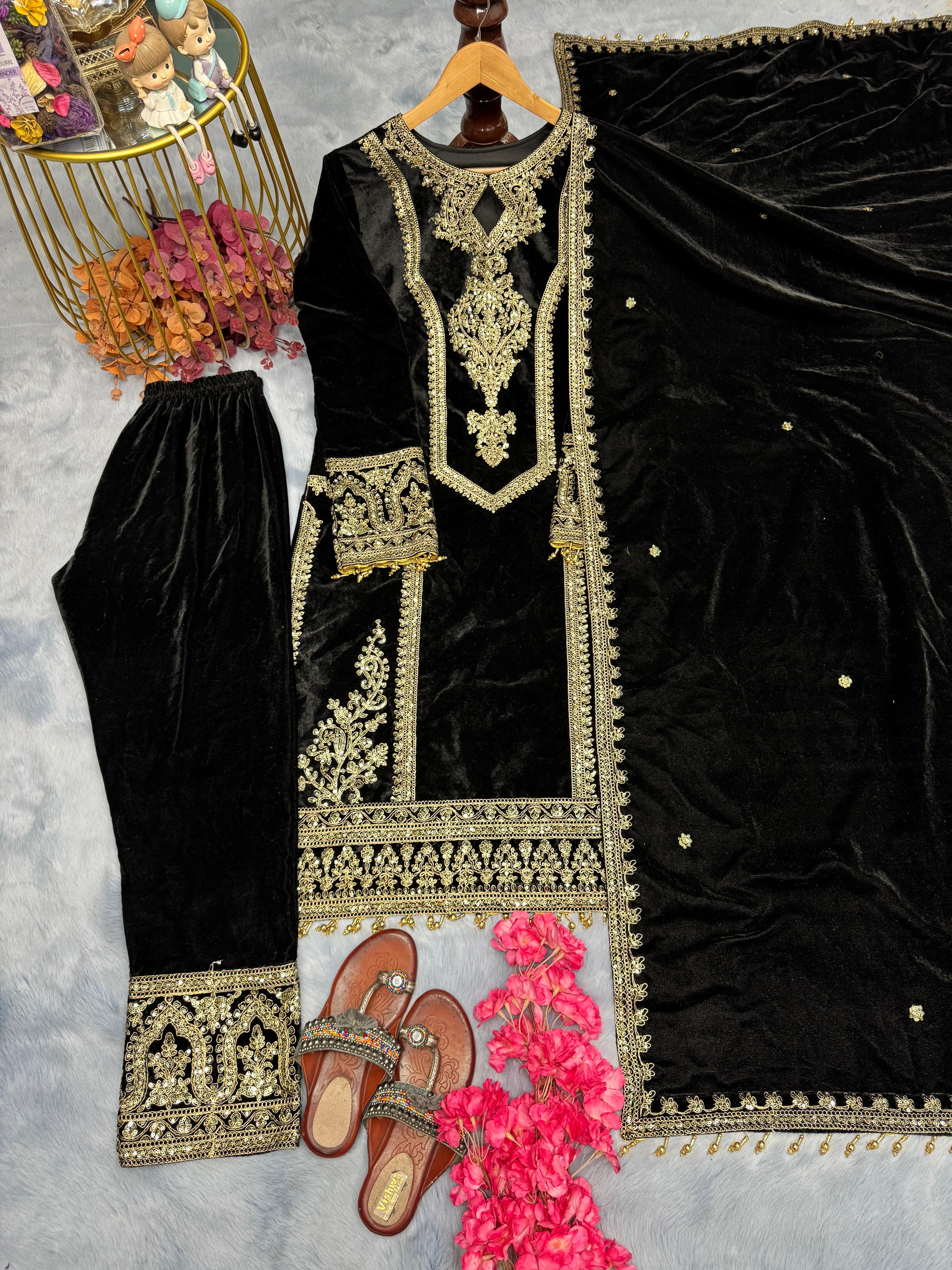 Alluring Black Color Heavy Pure Viscose Velvet With Embroidery 3mm Sequins And Codding Dori Work Designer Salwar Suit