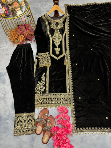 Alluring Black Color Heavy Pure Viscose Velvet With Embroidery 3mm Sequins And Codding Dori Work Designer Salwar Suit