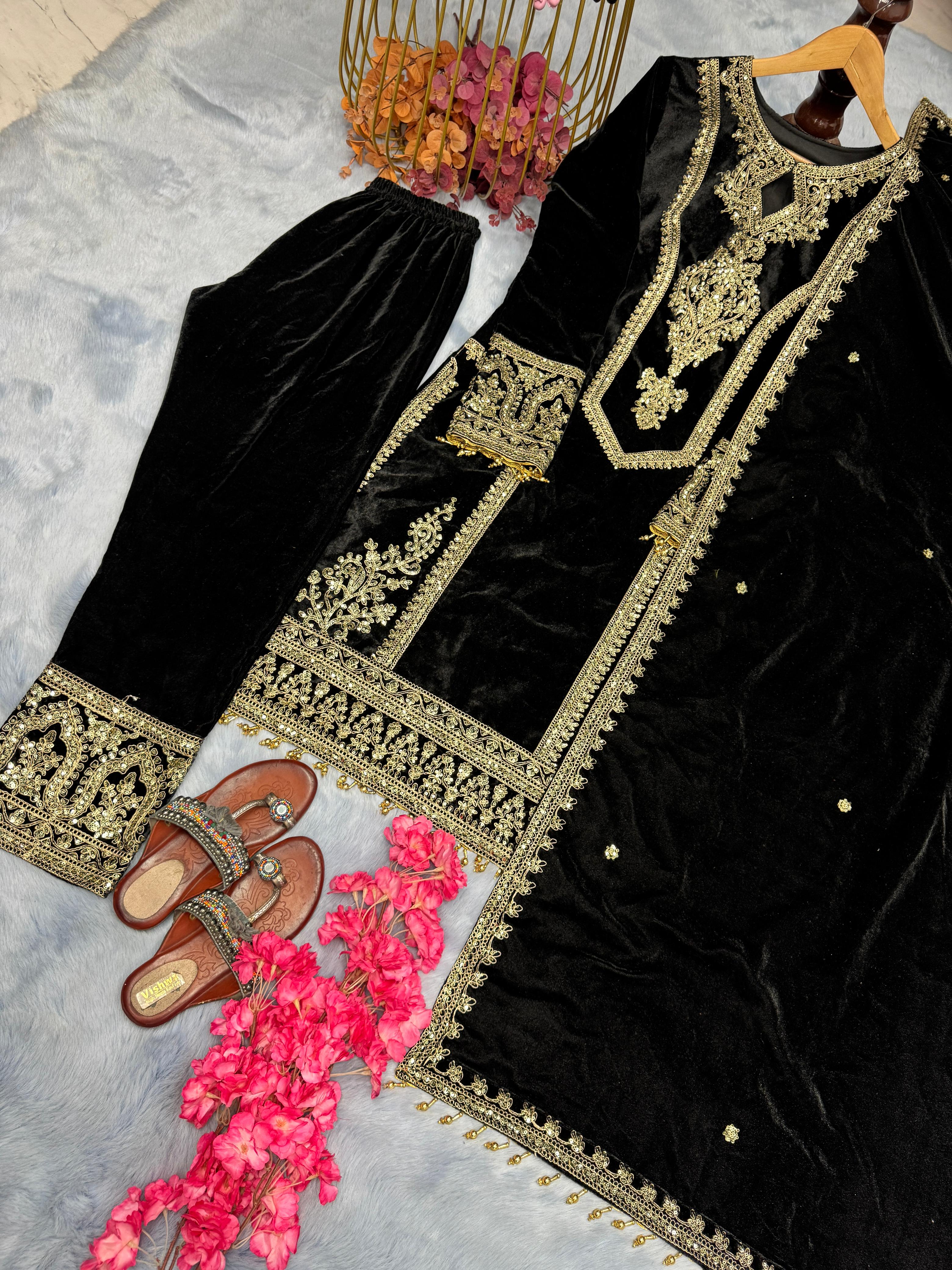 Alluring Black Color Heavy Pure Viscose Velvet With Embroidery 3mm Sequins And Codding Dori Work Designer Salwar Suit