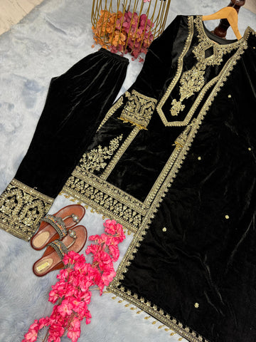 Alluring Black Color Heavy Pure Viscose Velvet With Embroidery 3mm Sequins And Codding Dori Work Designer Salwar Suit