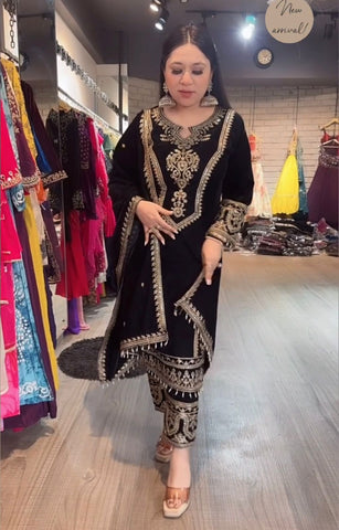Alluring Black Color Heavy Pure Viscose Velvet With Embroidery 3mm Sequins And Codding Dori Work Designer Salwar Suit