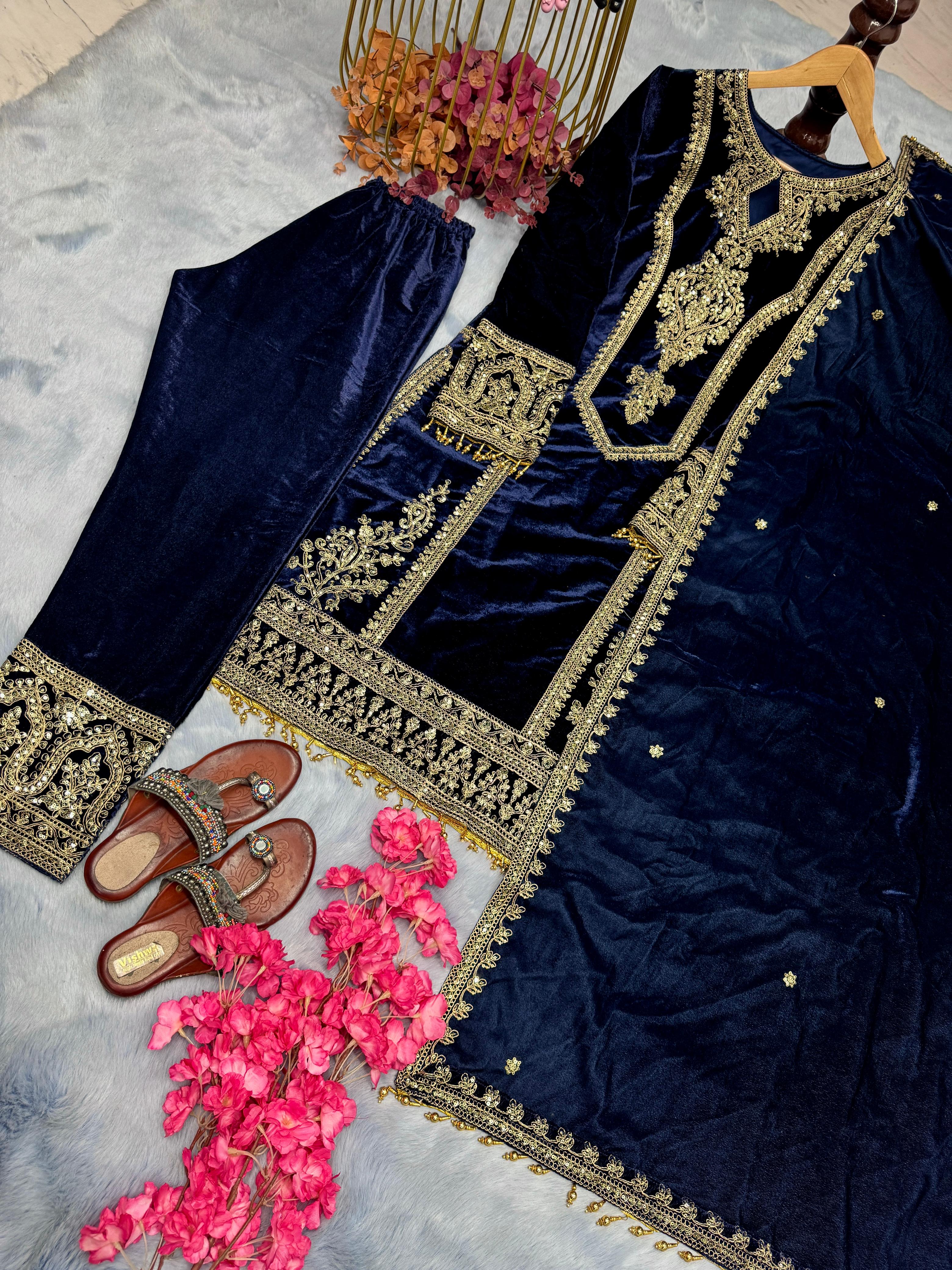Alluring Navy Blue Color Heavy Pure Viscose Velvet With Embroidery 3mm Sequins And Coding Dori Work Designer Salwar Suit