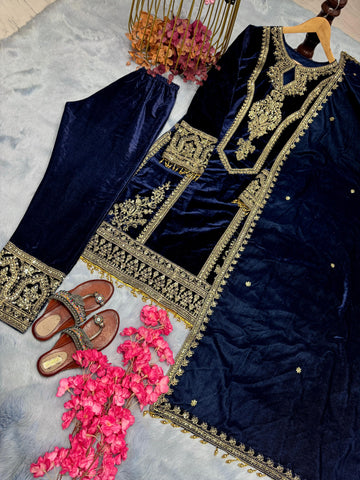 Alluring Navy Blue Color Heavy Pure Viscose Velvet With Embroidery 3mm Sequins And Coding Dori Work Designer Salwar Suit