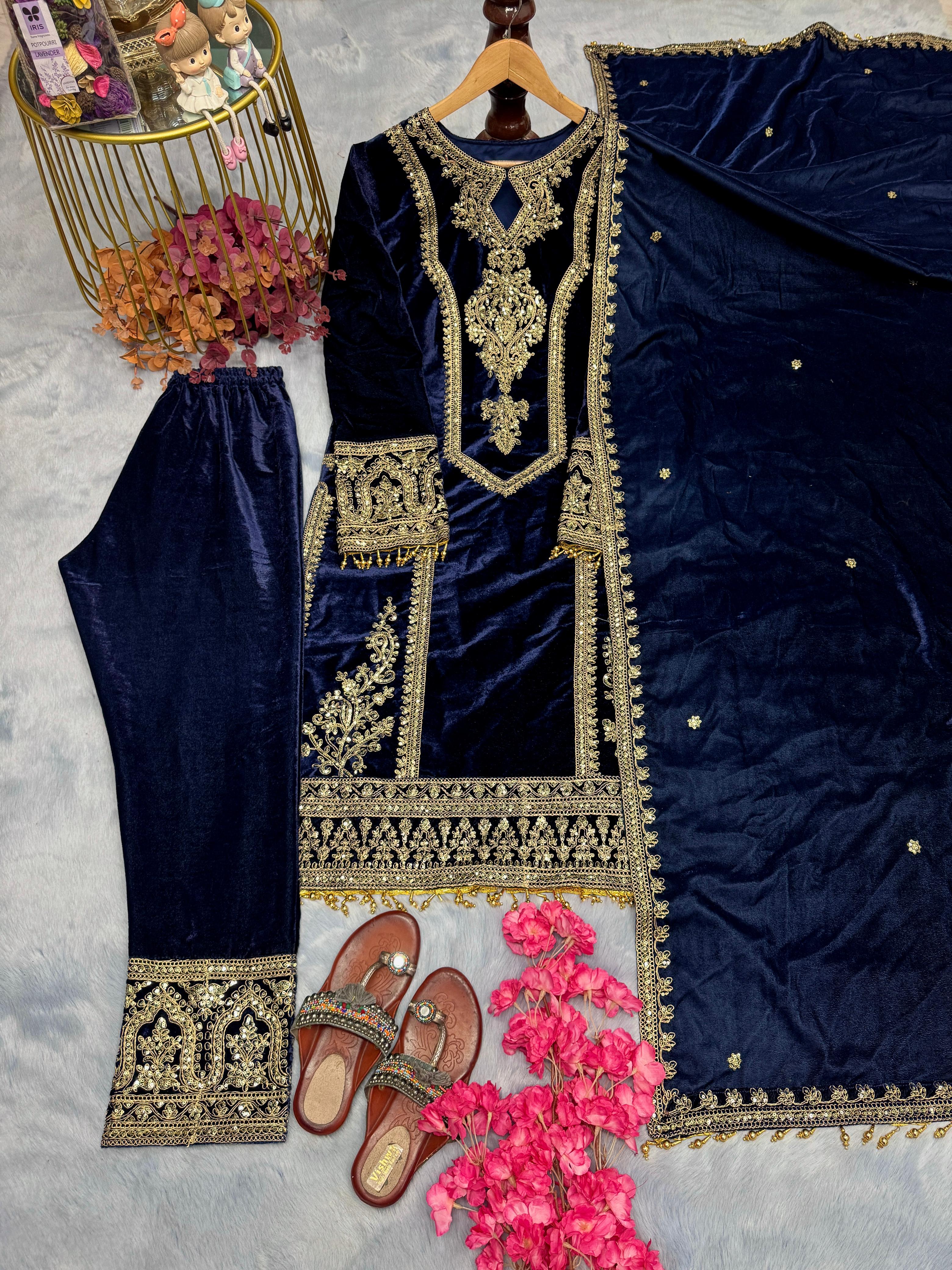 Alluring Navy Blue Color Heavy Pure Viscose Velvet With Embroidery 3mm Sequins And Coding Dori Work Designer Salwar Suit
