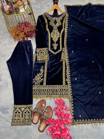 Alluring Navy Blue Color Heavy Pure Viscose Velvet With Embroidery 3mm Sequins And Coding Dori Work Designer Salwar Suit