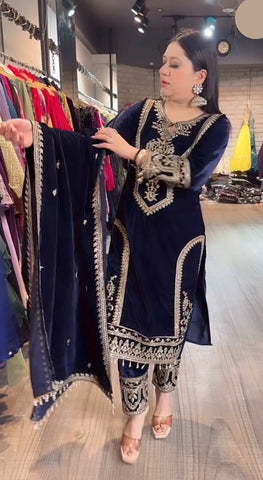 Alluring Navy Blue Color Heavy Pure Viscose Velvet With Embroidery 3mm Sequins And Coding Dori Work Designer Salwar Suit