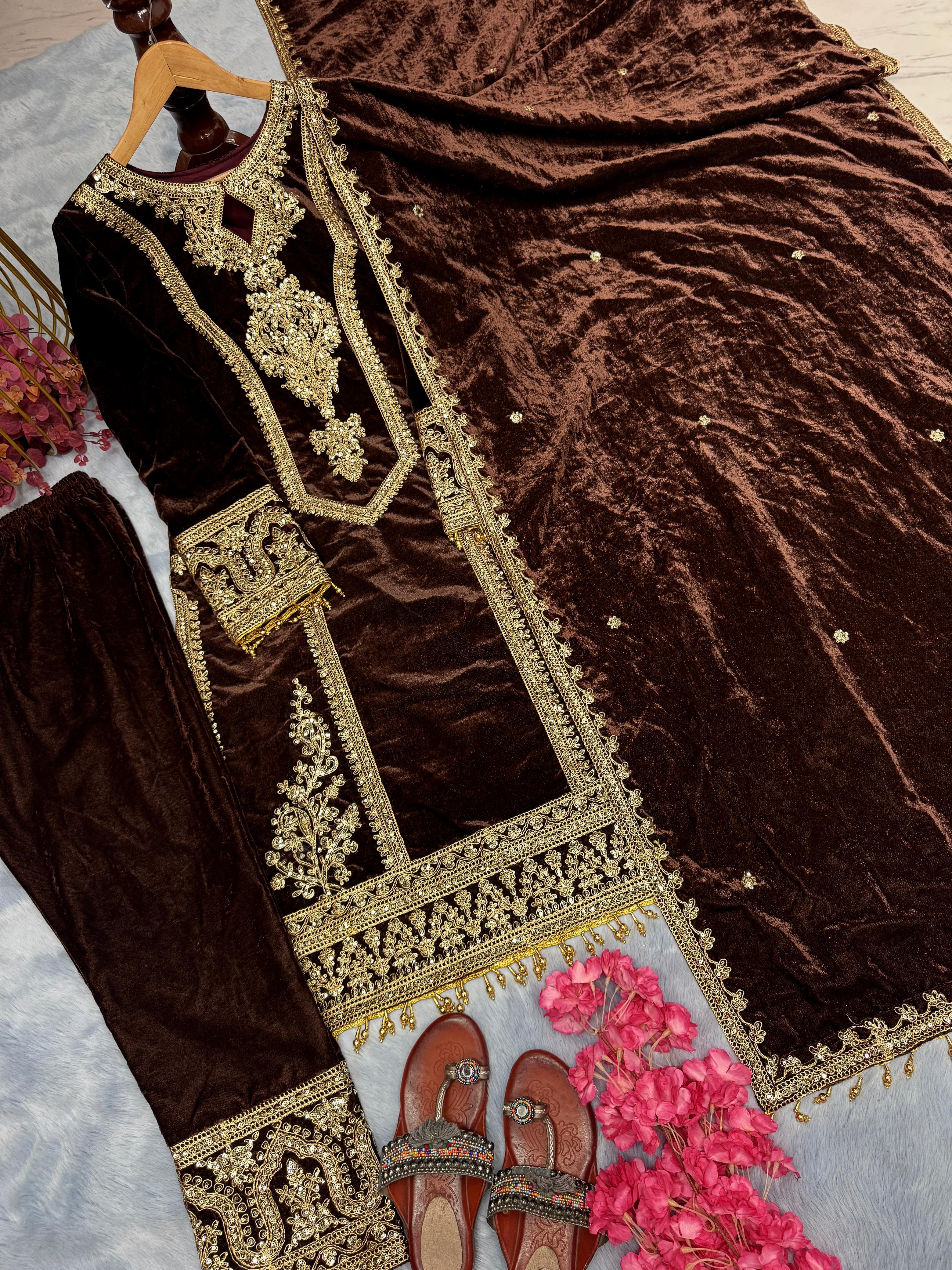 Alluring Brown Color Heavy Pure Viscose Velvet With Embroidery 3mm Sequins And Coding Dori Work Designer Salwar Suit