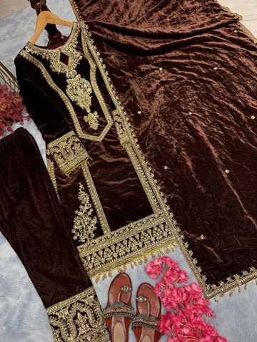 Alluring Brown Color Heavy Pure Viscose Velvet With Embroidery 3mm Sequins And Coding Dori Work Designer Salwar Suit