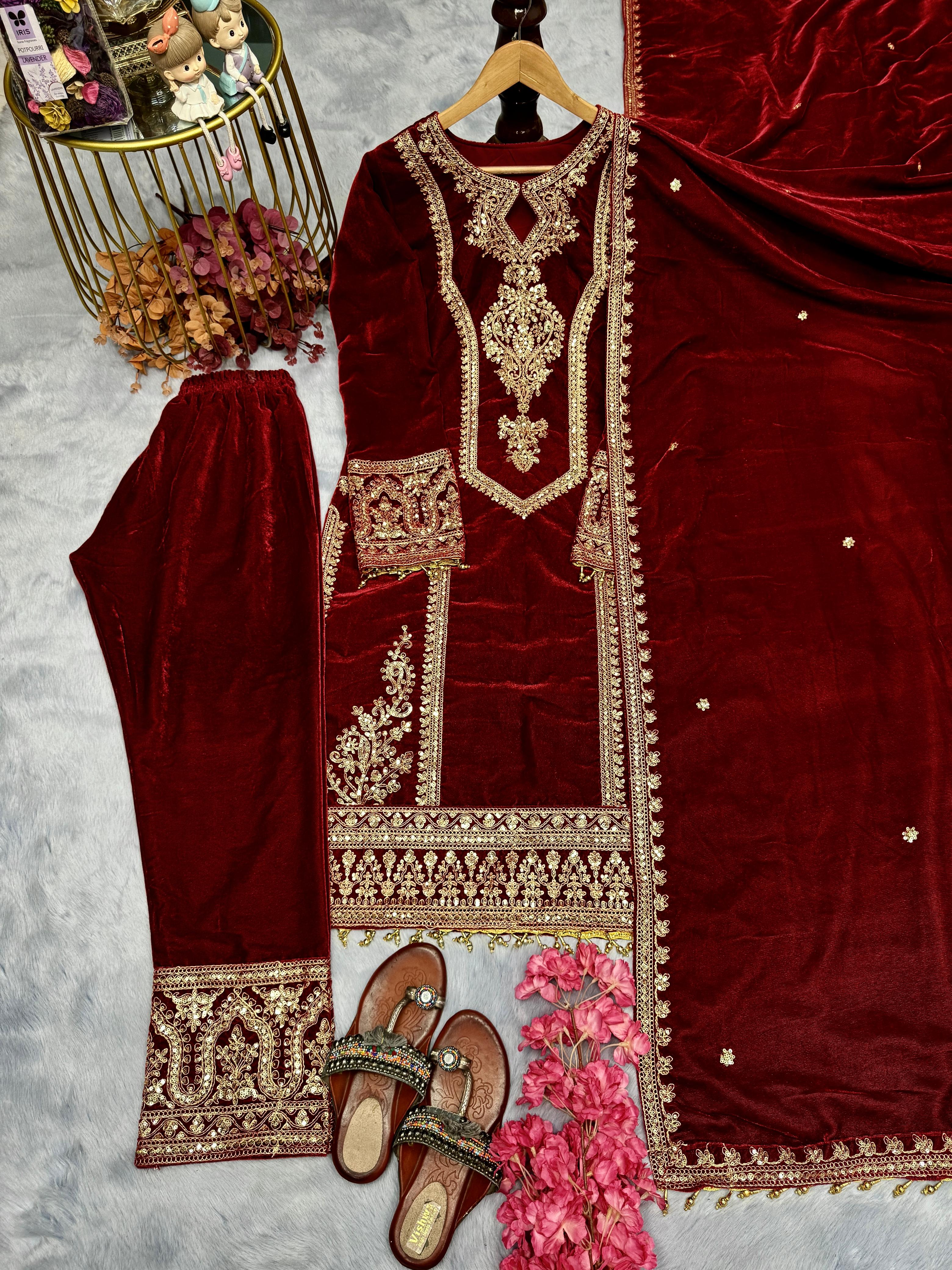 Alluring Maroon Color Heavy Pure Viscose Velvet With Embroidery 3mm Sequins And Coding Dori Work Designer Salwar Suit