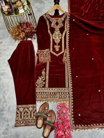 Alluring Maroon Color Heavy Pure Viscose Velvet With Embroidery 3mm Sequins And Coding Dori Work Designer Salwar Suit