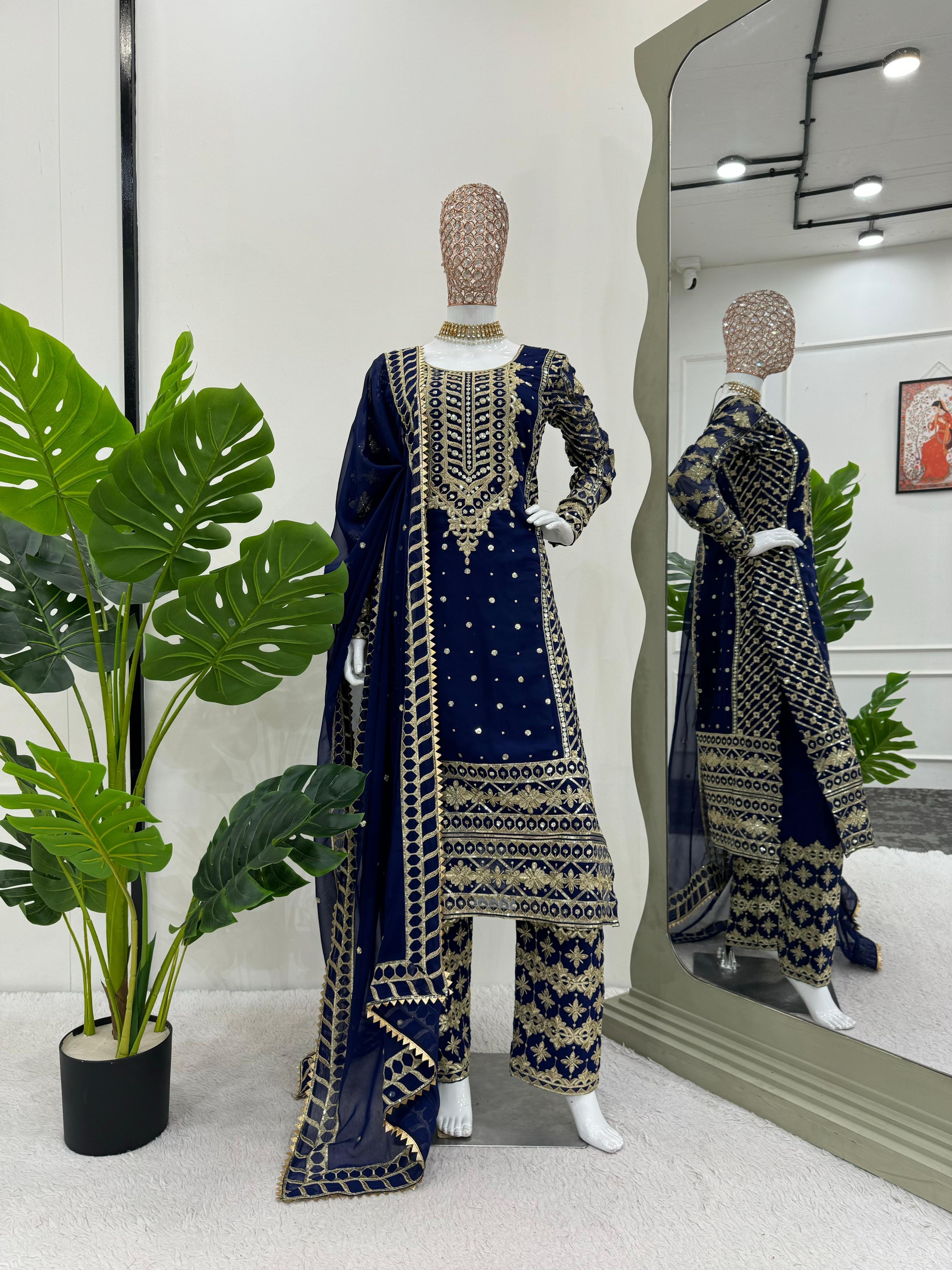 Ceremony Wear Navy Blue Color Faux Georgette And Thread With Sequence Work Designer Salwar Suit