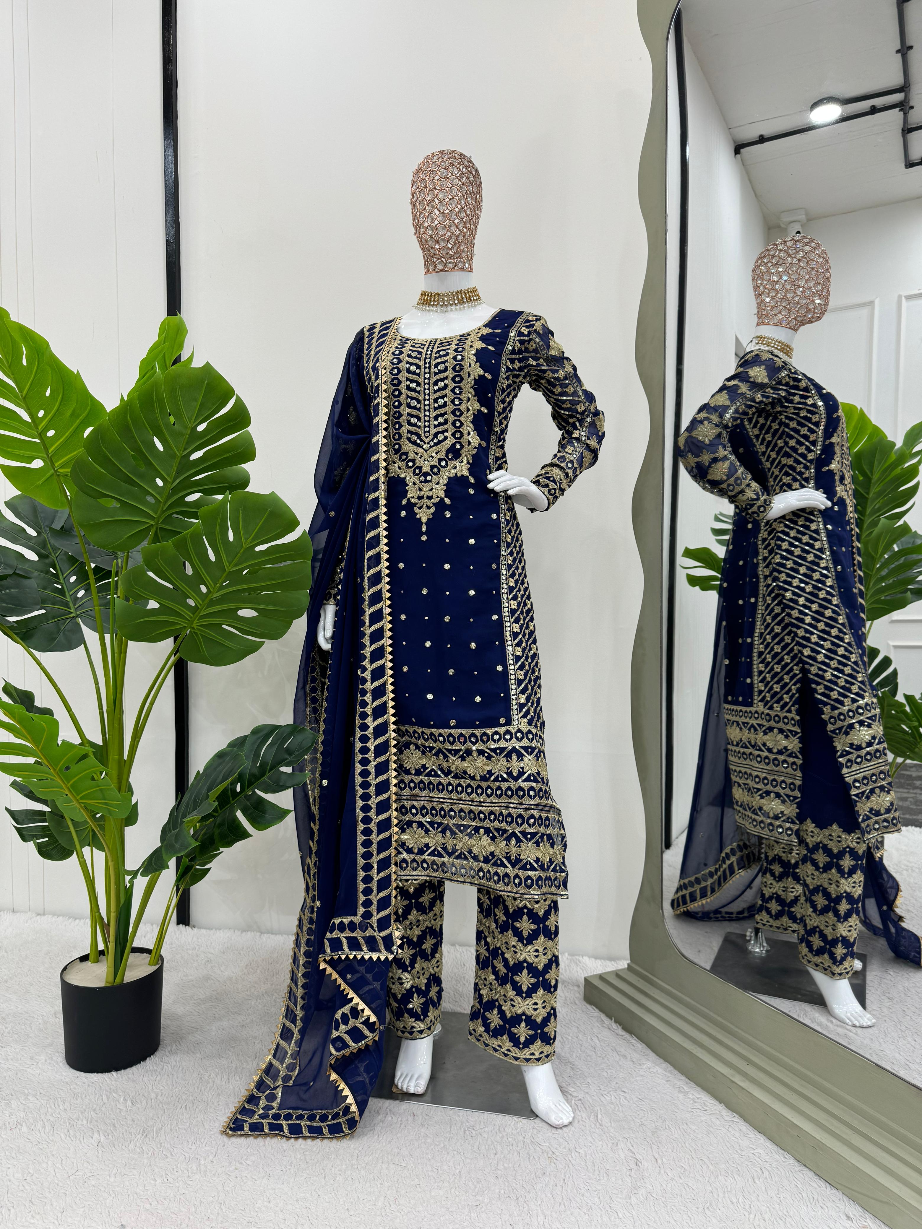 Ceremony Wear Navy Blue Color Faux Georgette And Thread With Sequence Work Designer Salwar Suit