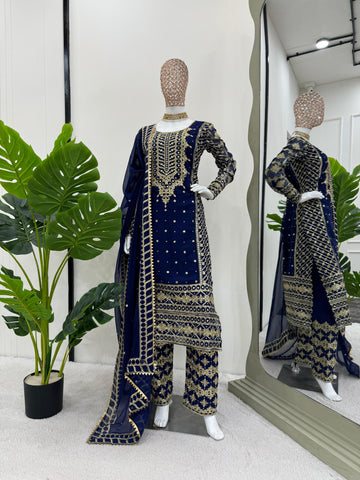 Ceremony Wear Navy Blue Color Faux Georgette And Thread With Sequence Work Designer Salwar Suit