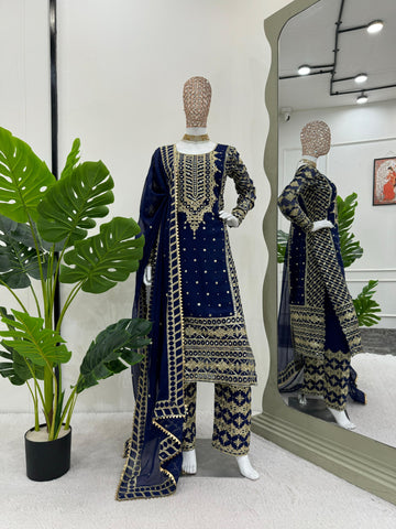 Ceremony Wear Navy Blue Color Faux Georgette And Thread With Sequence Work Designer Salwar Suit
