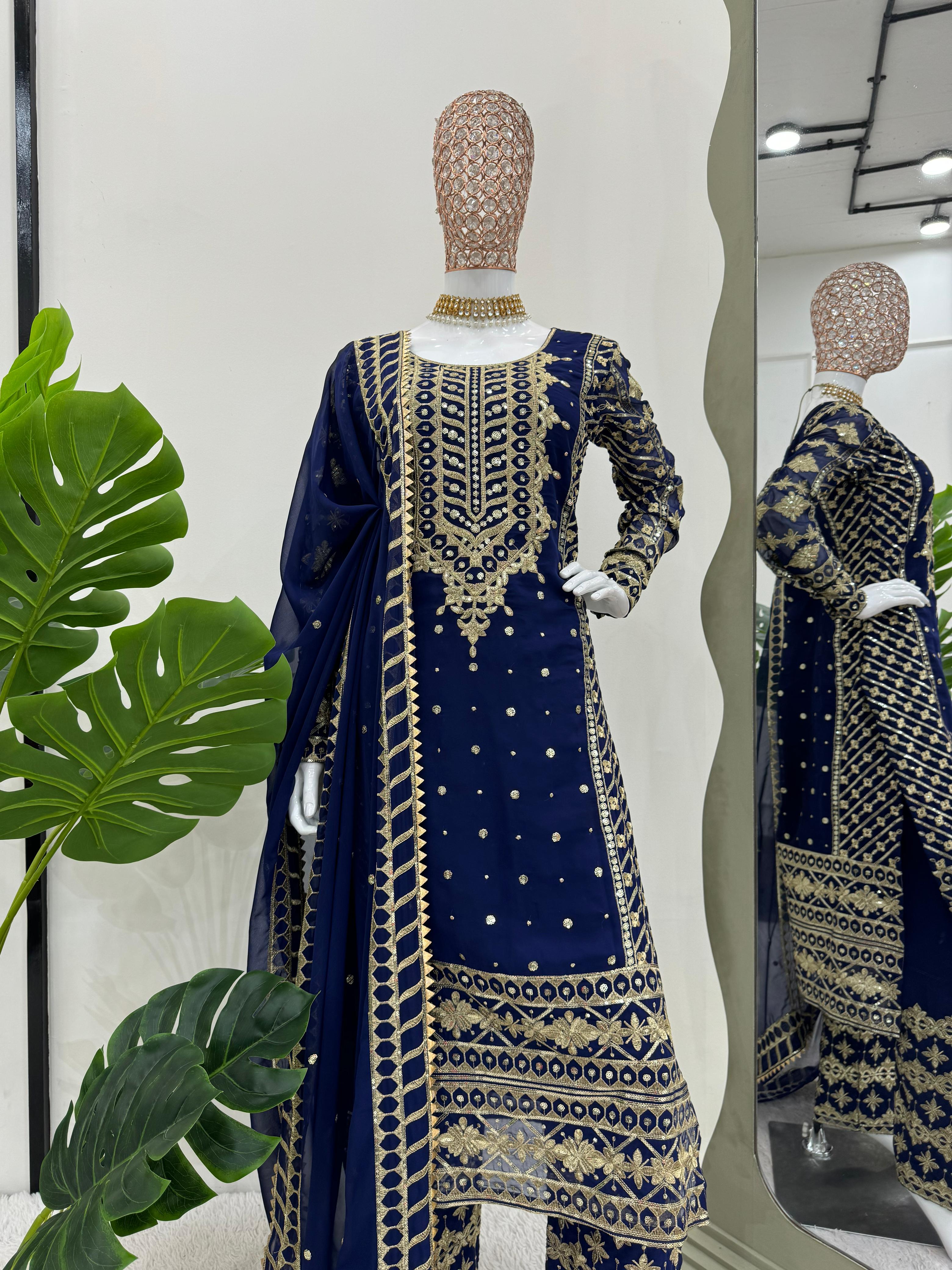 Ceremony Wear Navy Blue Color Faux Georgette And Thread With Sequence Work Designer Salwar Suit