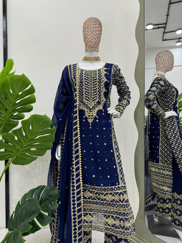 Ceremony Wear Navy Blue Color Faux Georgette And Thread With Sequence Work Designer Salwar Suit