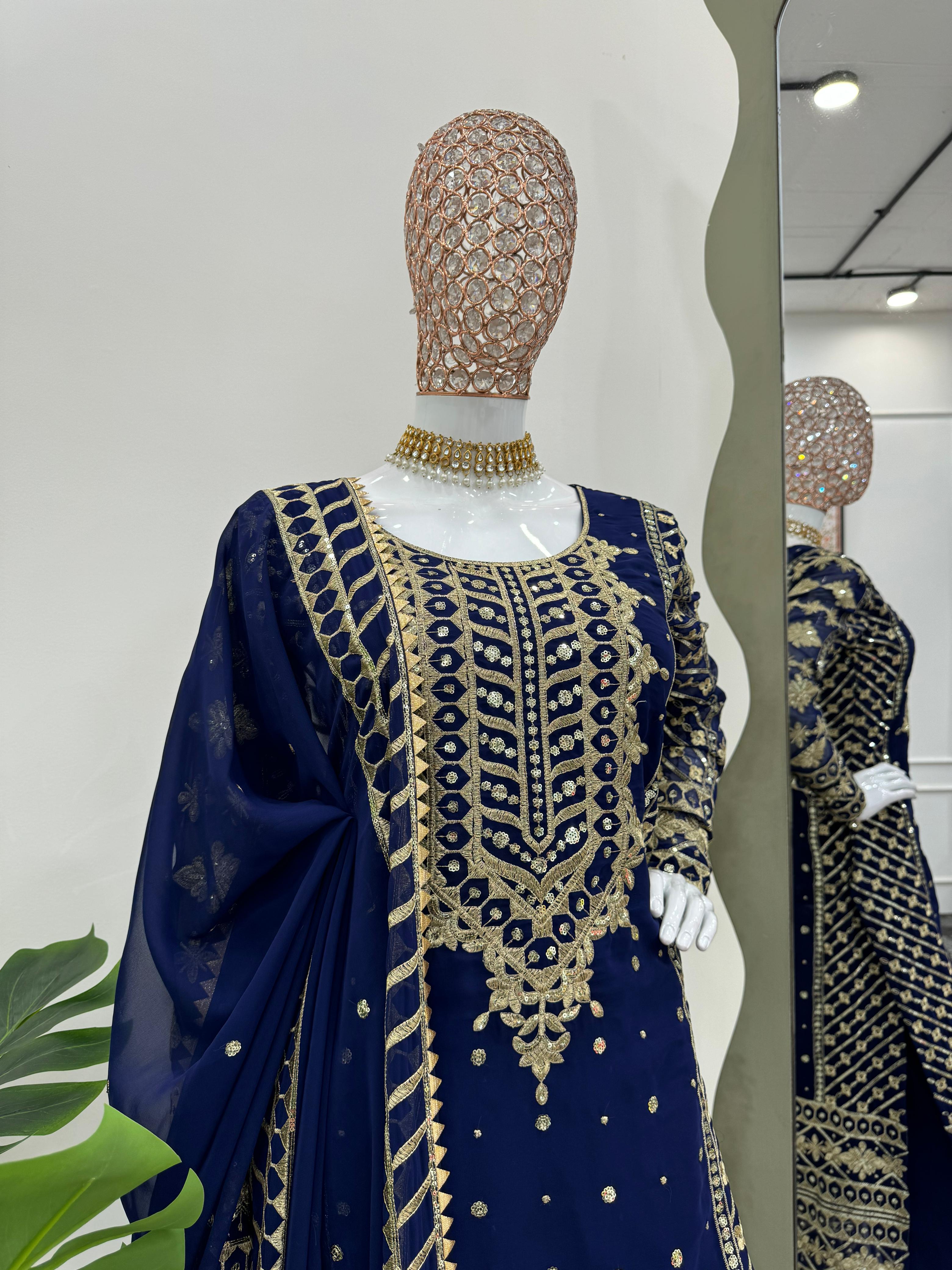 Ceremony Wear Navy Blue Color Faux Georgette And Thread With Sequence Work Designer Salwar Suit
