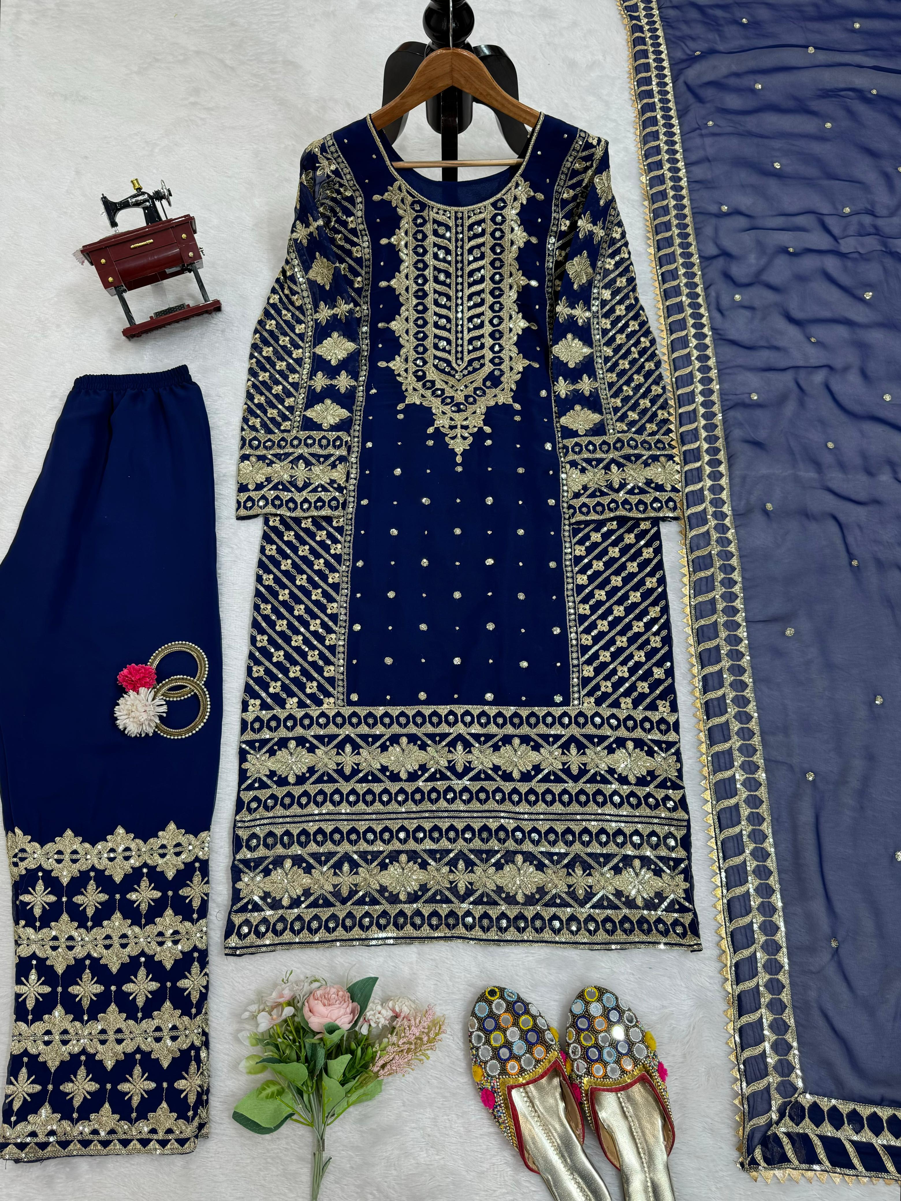 Ceremony Wear Navy Blue Color Faux Georgette And Thread With Sequence Work Designer Salwar Suit