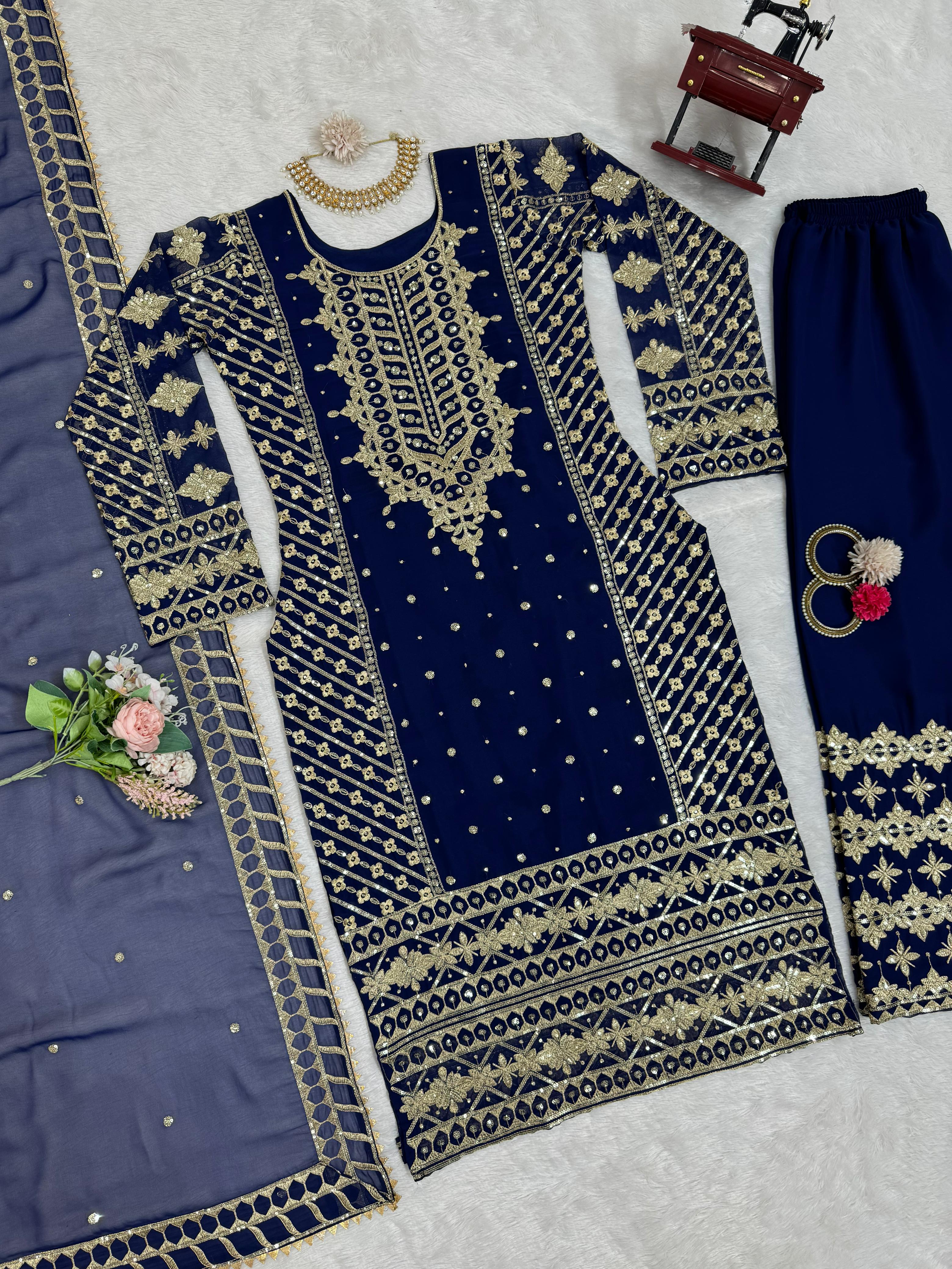 Ceremony Wear Navy Blue Color Faux Georgette And Thread With Sequence Work Designer Salwar Suit