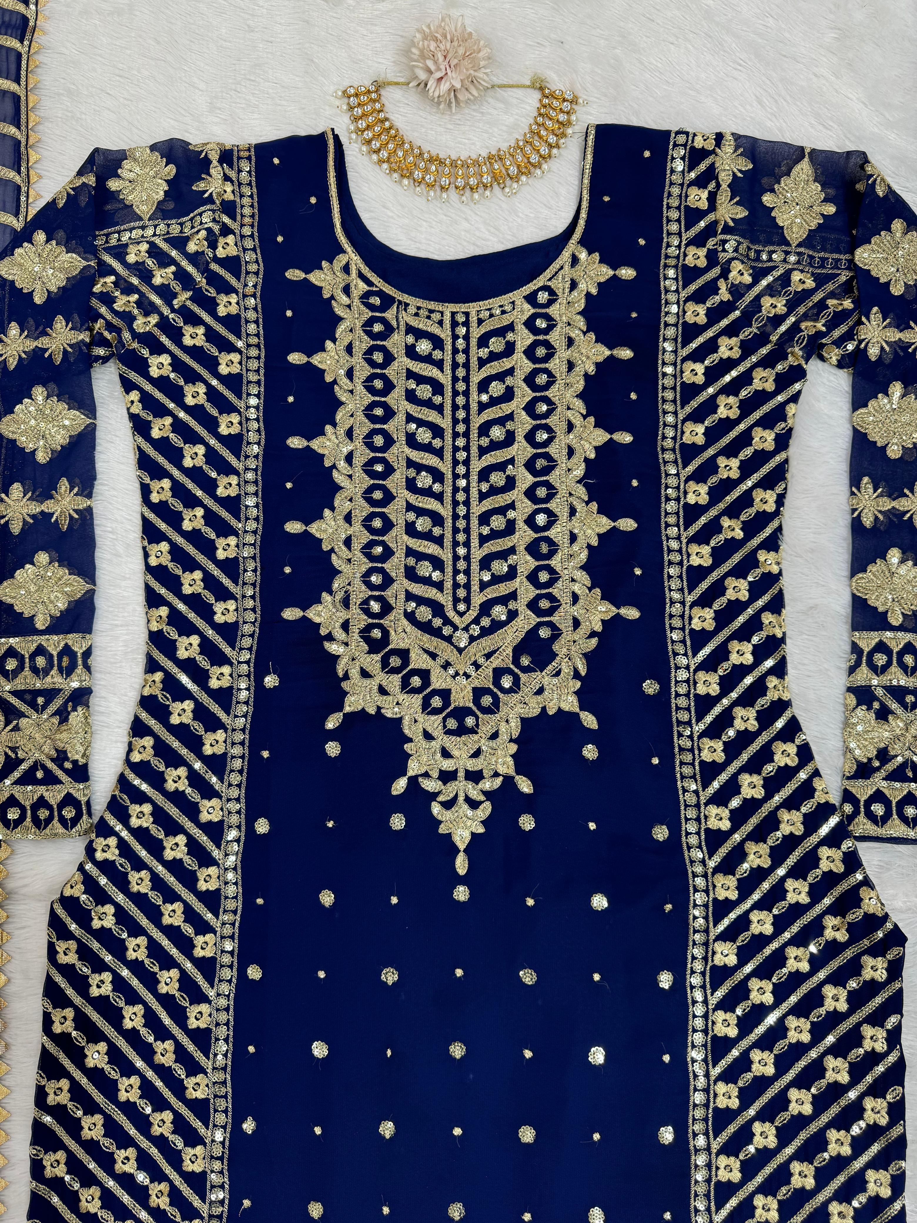 Ceremony Wear Navy Blue Color Faux Georgette And Thread With Sequence Work Designer Salwar Suit