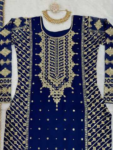 Ceremony Wear Navy Blue Color Faux Georgette And Thread With Sequence Work Designer Salwar Suit
