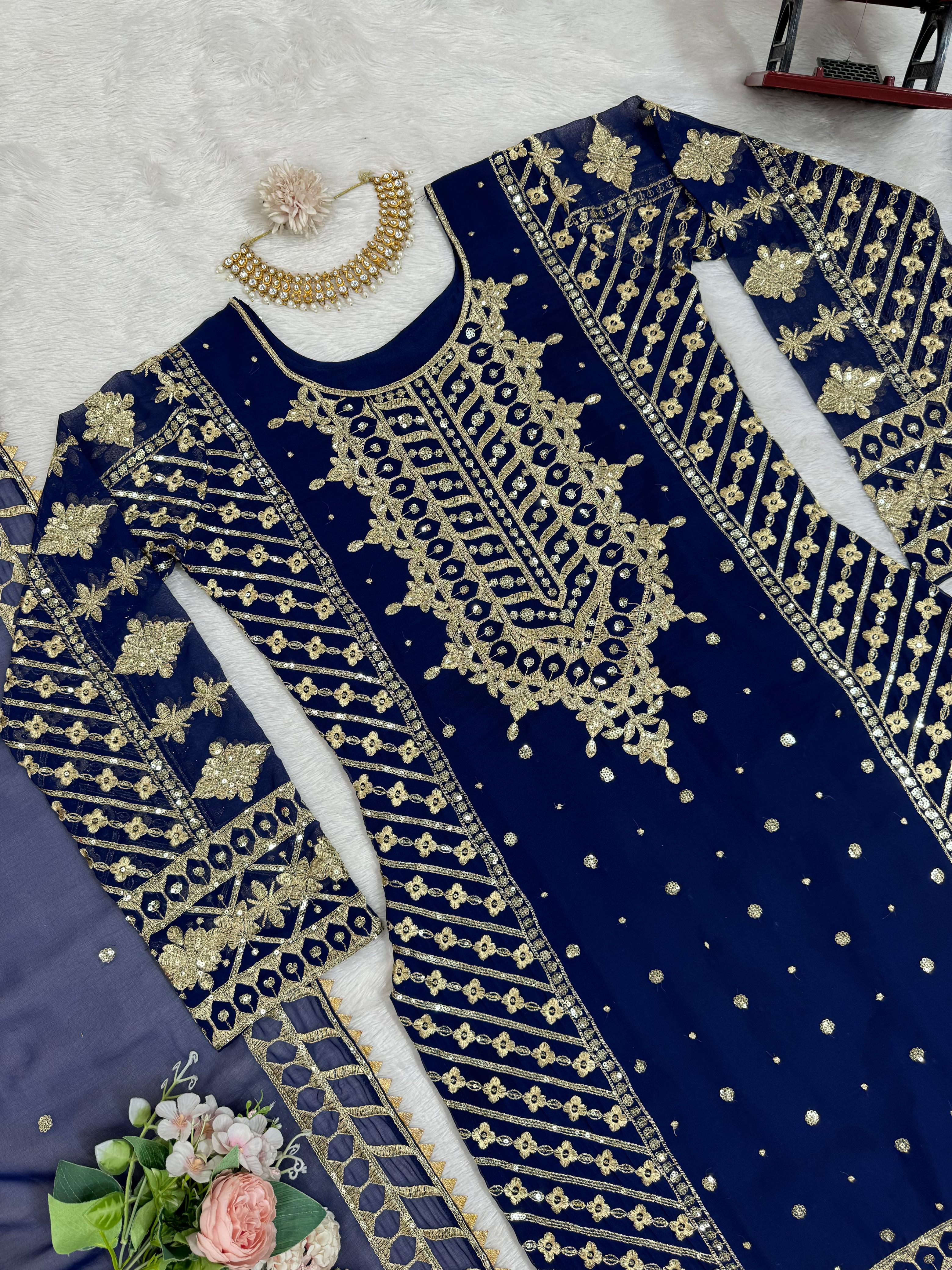 Ceremony Wear Navy Blue Color Faux Georgette And Thread With Sequence Work Designer Salwar Suit