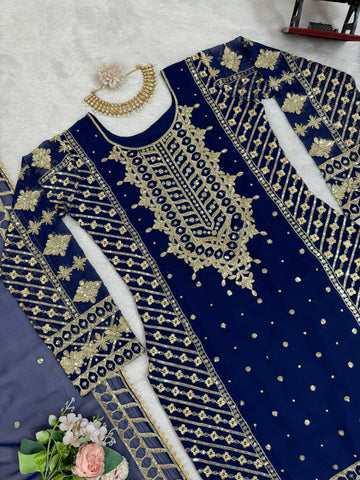 Ceremony Wear Navy Blue Color Faux Georgette And Thread With Sequence Work Designer Salwar Suit