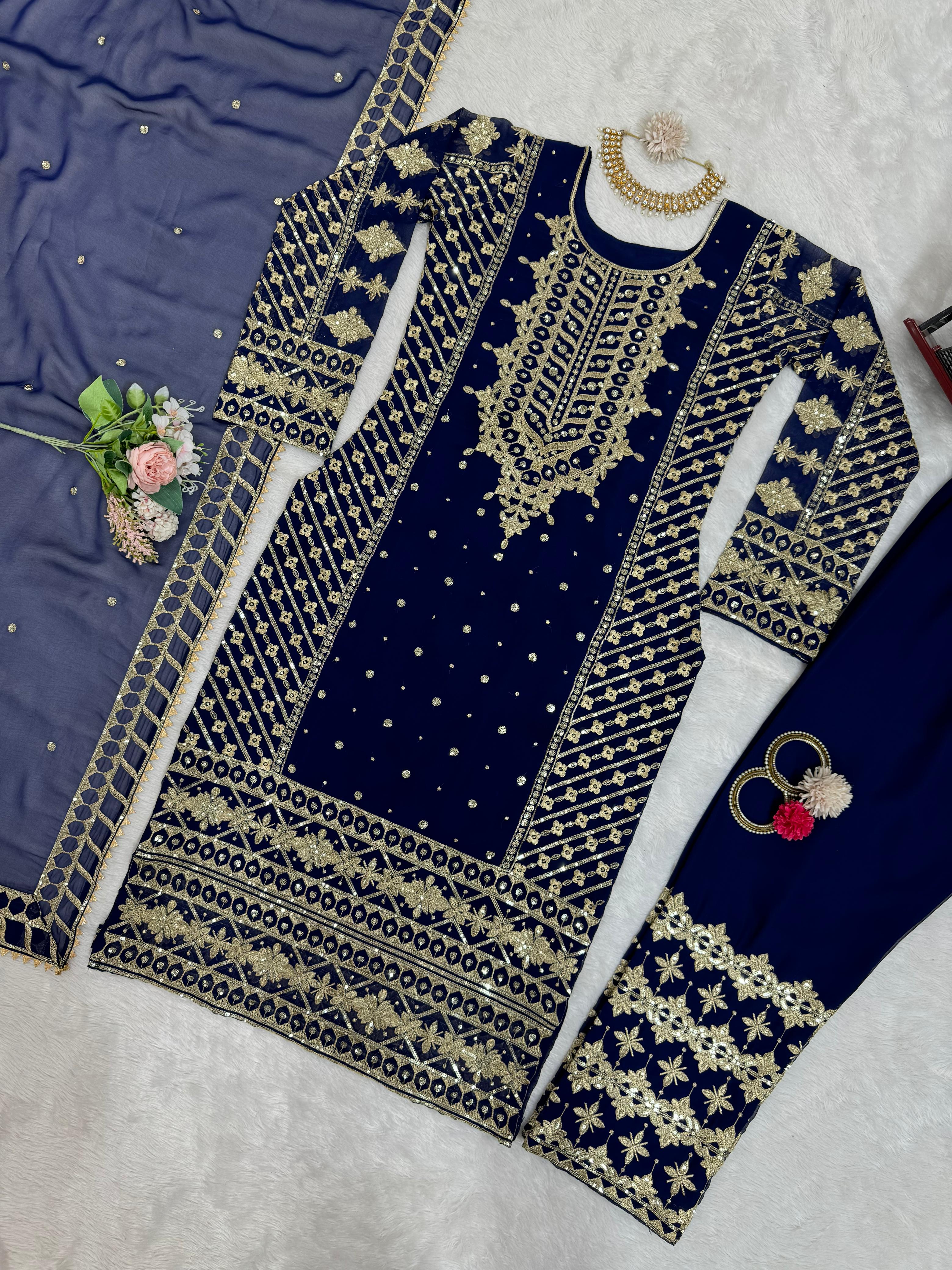 Ceremony Wear Navy Blue Color Faux Georgette And Thread With Sequence Work Designer Salwar Suit