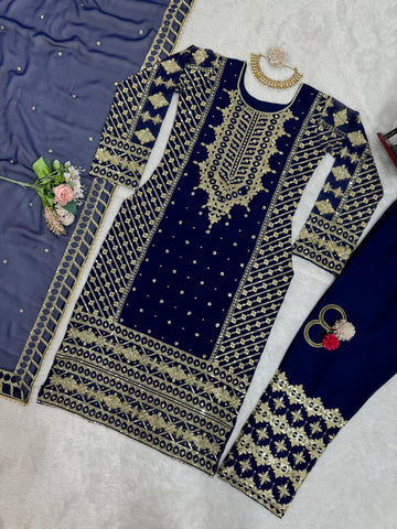 Ceremony Wear Navy Blue Color Faux Georgette And Thread With Sequence Work Designer Salwar Suit