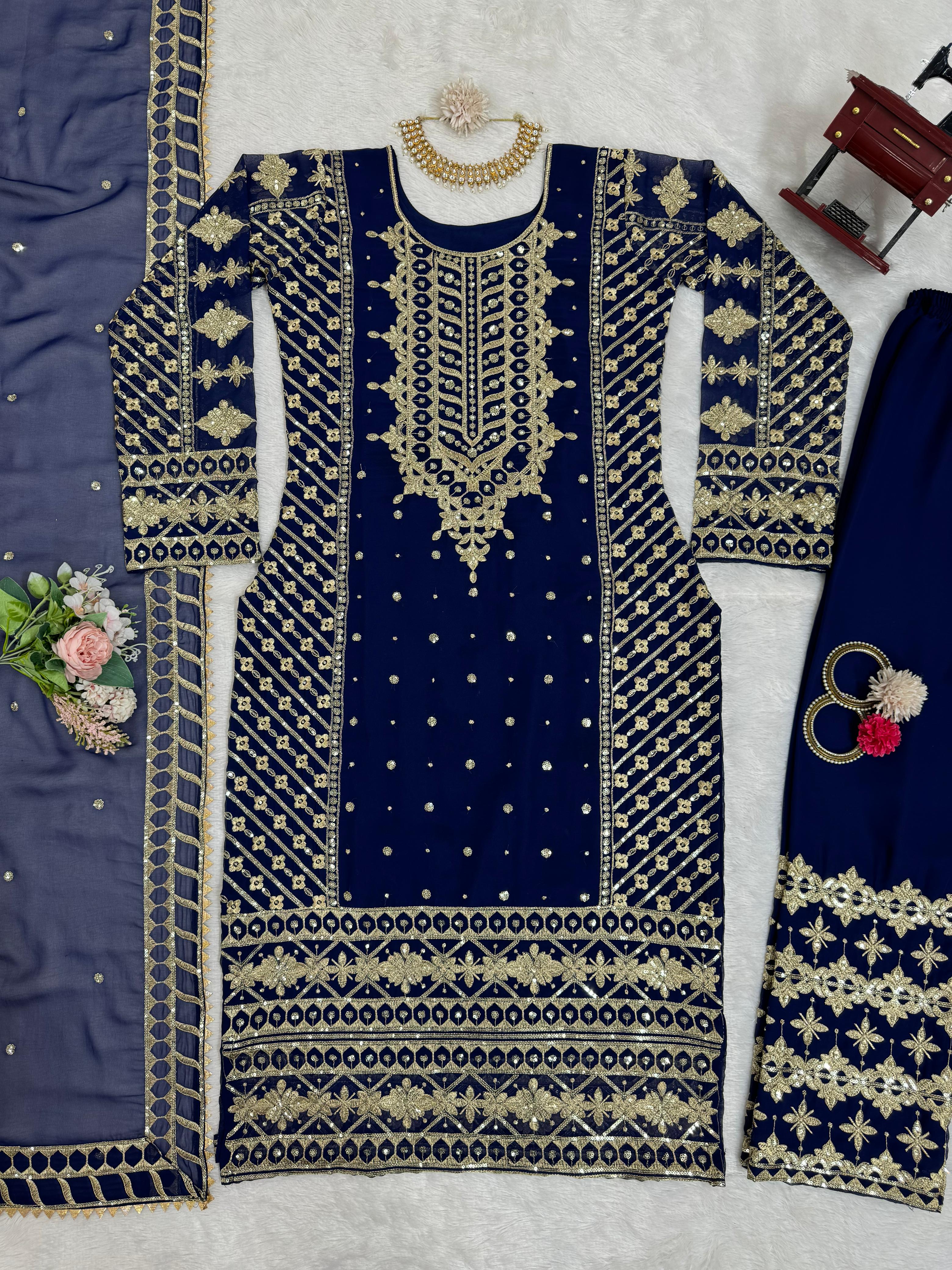 Ceremony Wear Navy Blue Color Faux Georgette And Thread With Sequence Work Designer Salwar Suit