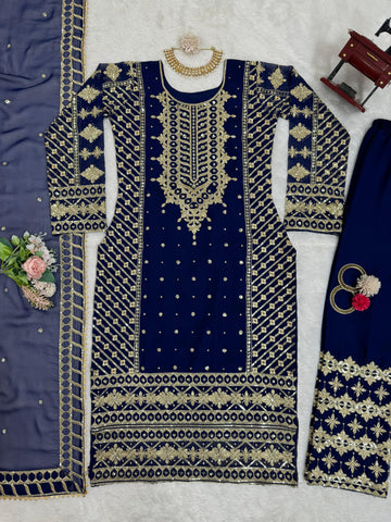 Ceremony Wear Navy Blue Color Faux Georgette And Thread With Sequence Work Designer Salwar Suit