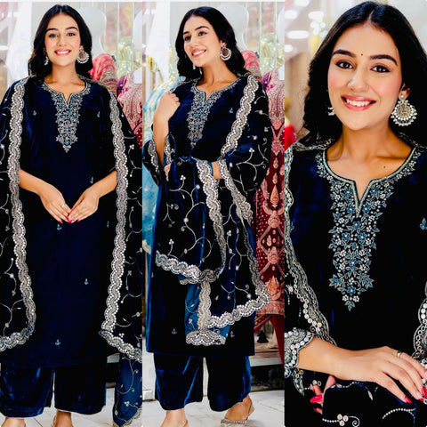 Party Wear Navy Blue Color Pure 9000 Viscous Velvet With Heavy Embroidery 5mm Sequence Work Velvet Suit