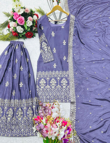 Party Wear Lavender Color Pure Chinon Silk With Embroidery 5mm Sequence Work Sharara Suit