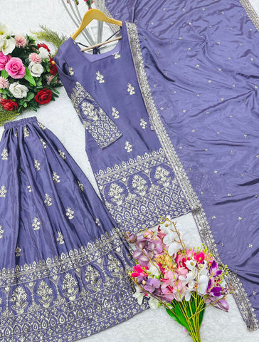 Party Wear Lavender Color Pure Chinon Silk With Embroidery 5mm Sequence Work Sharara Suit