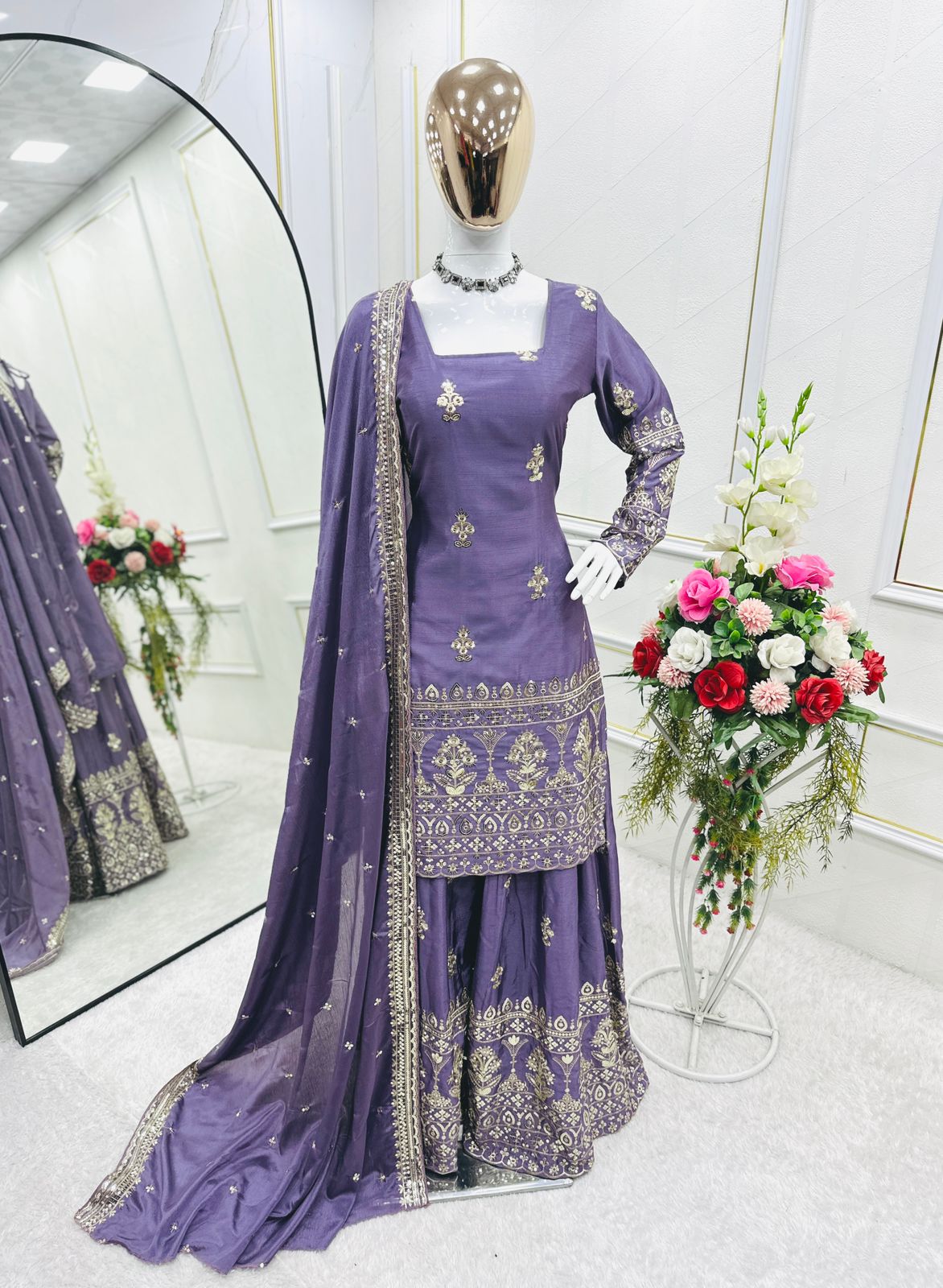 Party Wear Lavender Color Pure Chinon Silk With Embroidery 5mm Sequence Work Sharara Suit