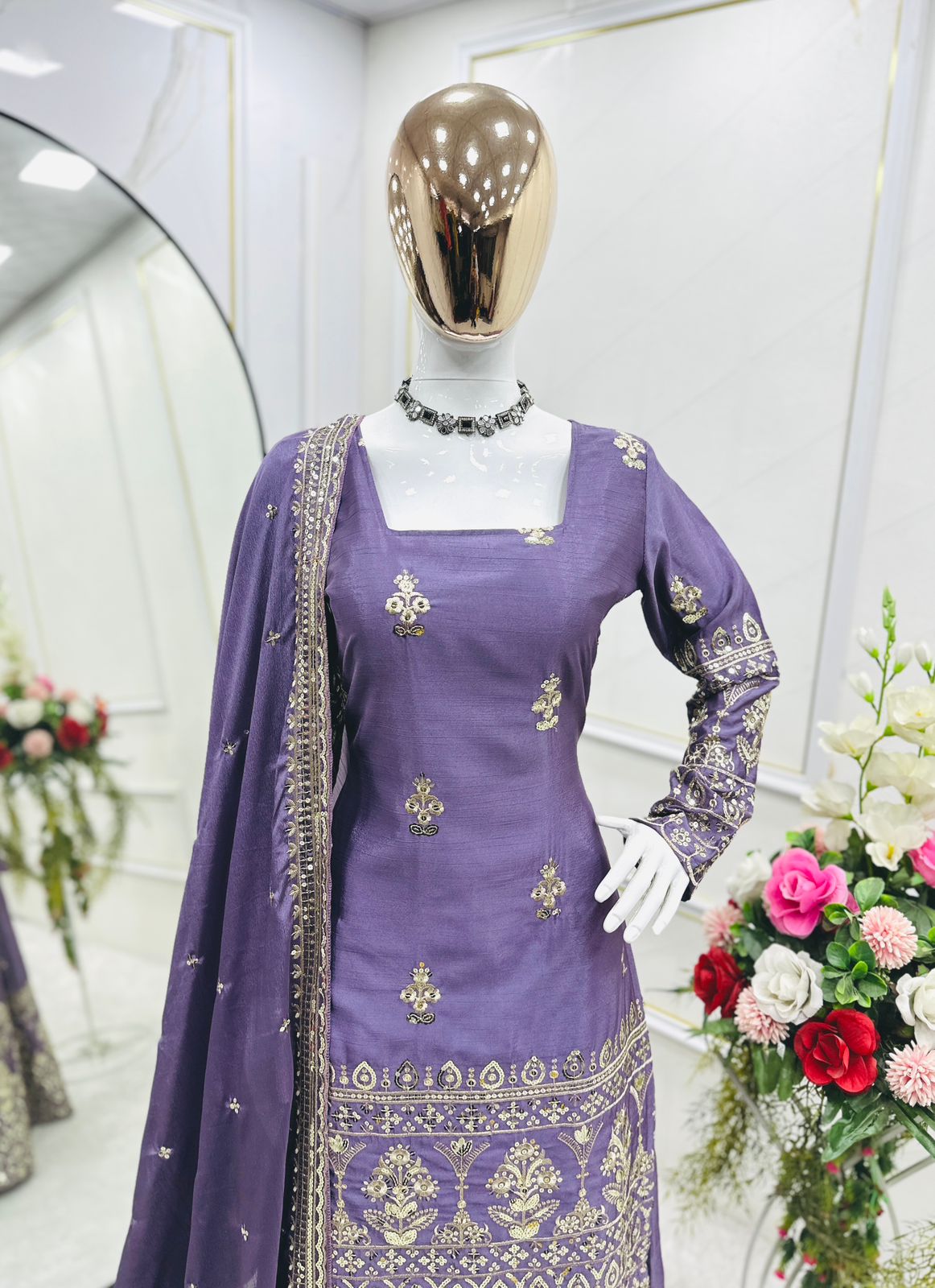 Party Wear Lavender Color Pure Chinon Silk With Embroidery 5mm Sequence Work Sharara Suit