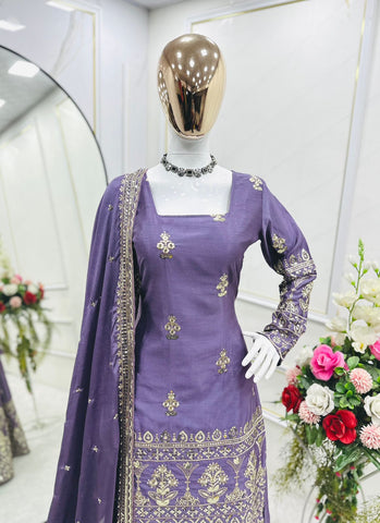 Party Wear Lavender Color Pure Chinon Silk With Embroidery 5mm Sequence Work Sharara Suit