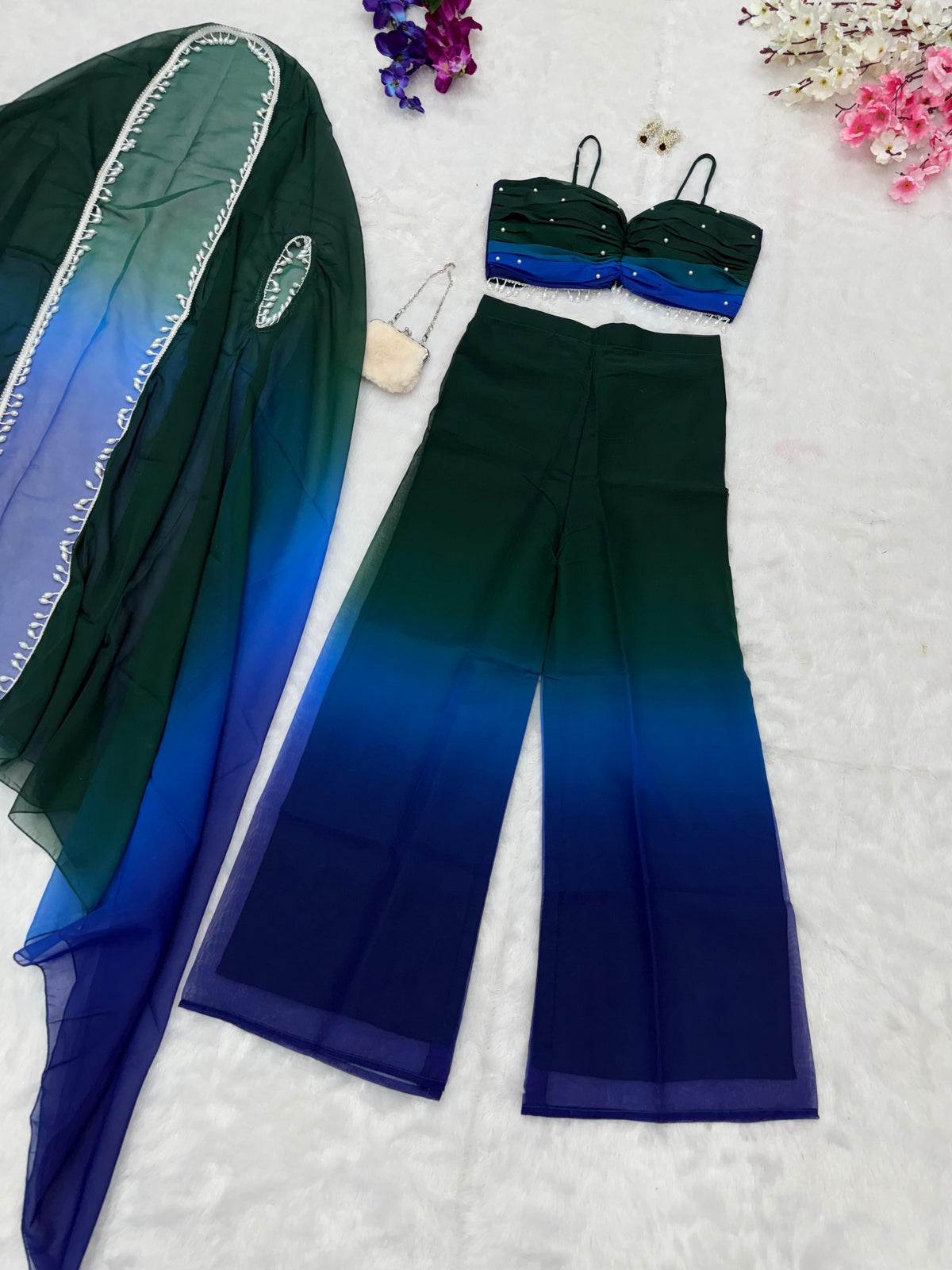 Fancy Green And Blue Shades Color Pure Georgette Ombre Shades With Designer Peal Moti Lace Stone Work Palazzo Suit