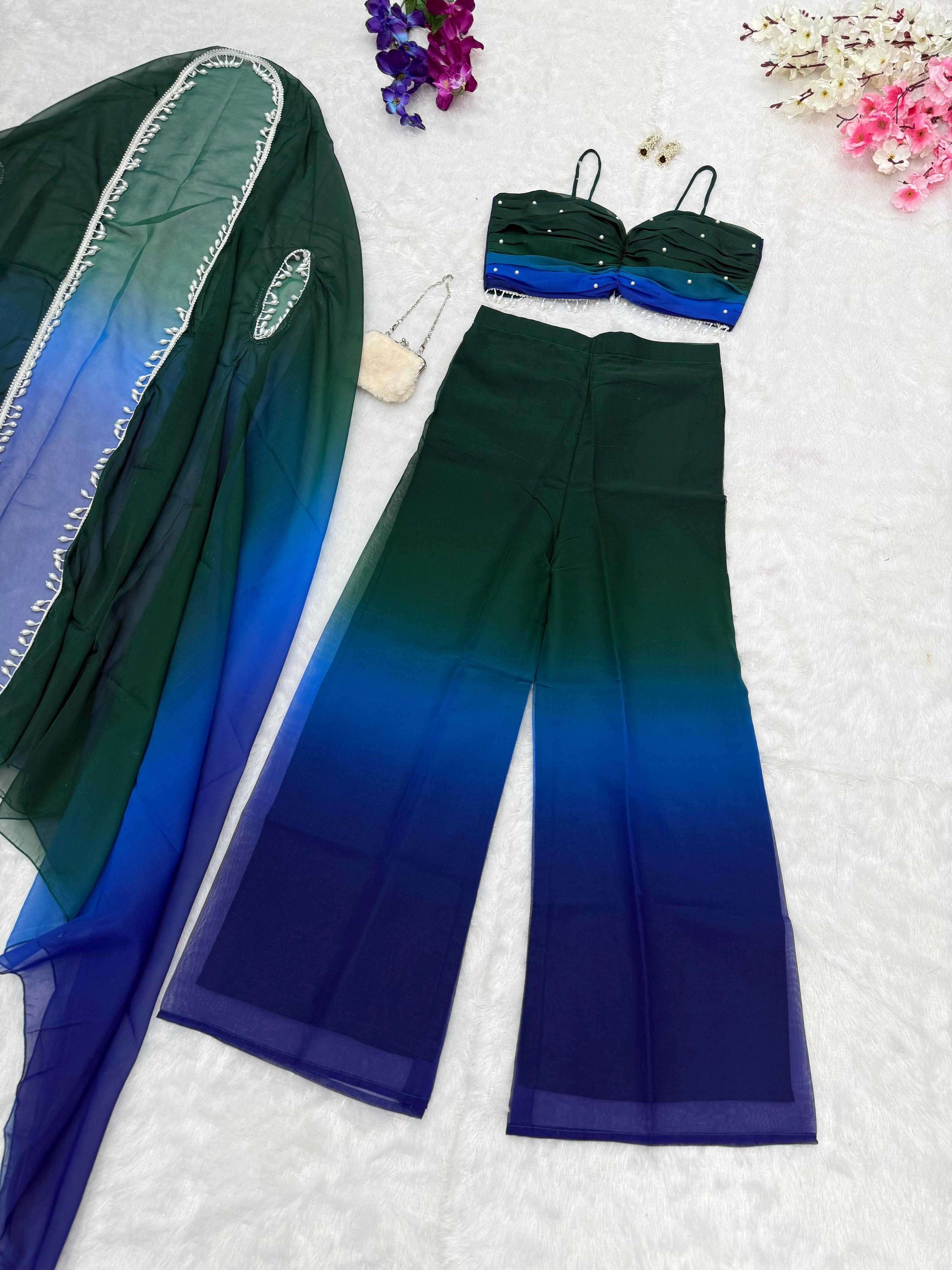 Fancy Green And Blue Shades Color Pure Georgette Ombre Shades With Designer Peal Moti Lace Stone Work Palazzo Suit