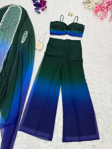 Fancy Green And Blue Shades Color Pure Georgette Ombre Shades With Designer Peal Moti Lace Stone Work Palazzo Suit