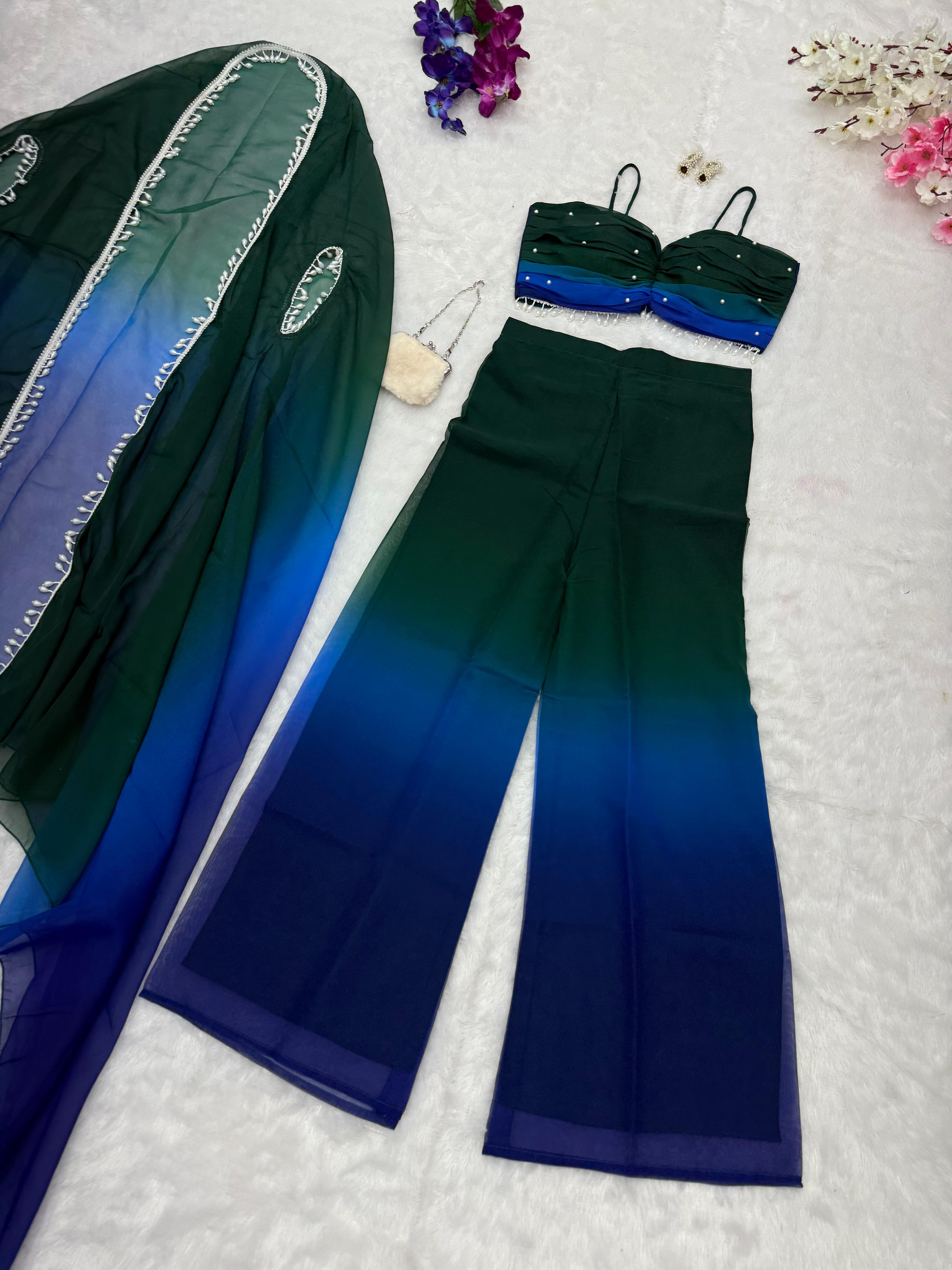 Fancy Green And Blue Shades Color Pure Georgette Ombre Shades With Designer Peal Moti Lace Stone Work Palazzo Suit