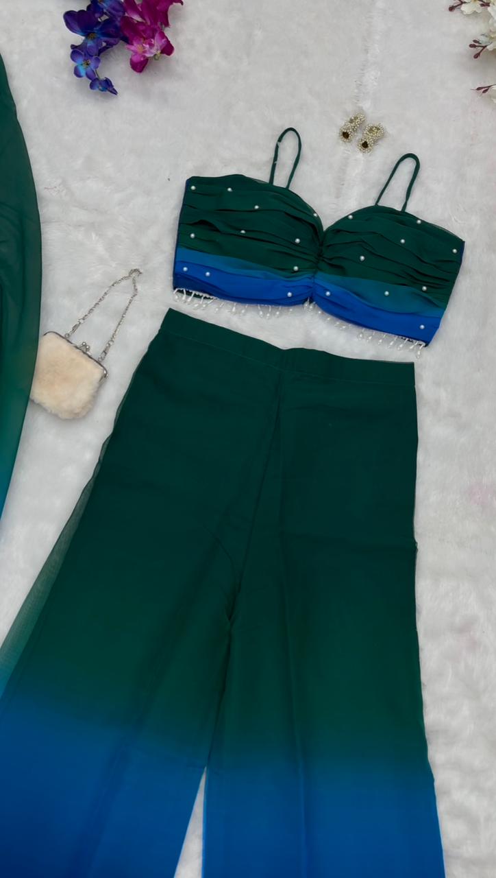 Fancy Green And Blue Shades Color Pure Georgette Ombre Shades With Designer Peal Moti Lace Stone Work Palazzo Suit